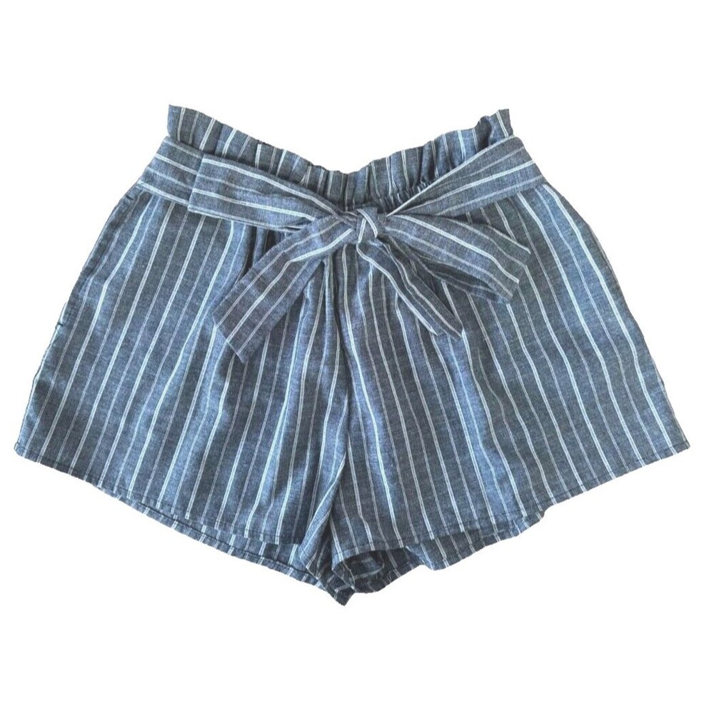 Love Tree Junior's Paperbag Shorts High Rise w/Tie Belt Size L Gray Striped